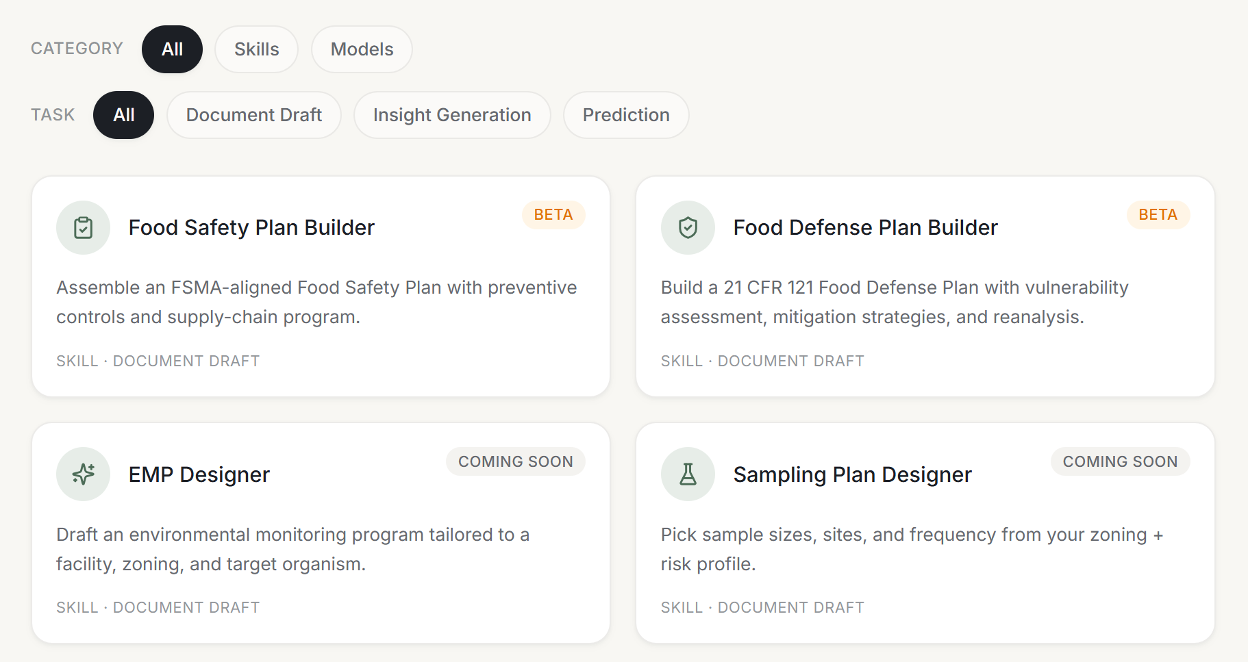 Food safety workflows — Food Safety Plan Builder, Food Defense Plan Builder, EMP Designer, Sampling Plan Designer
